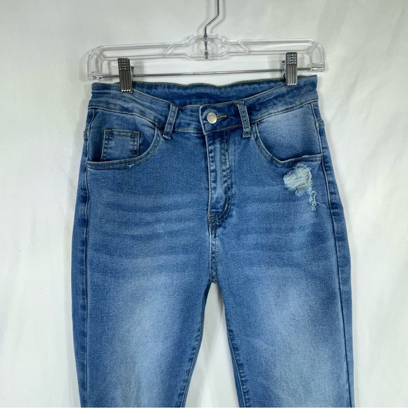 Women’s Distressed Light Wash High Rise Flare Leg Stretch Denim Jeans - Picture 2 of 7